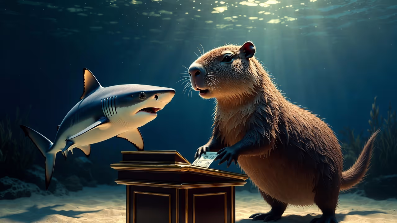 Batalha epica subaquatica – capivara enfrentando calmamente tubarao agressivo, simbolo das taticas de sobrevivencia nas apostas